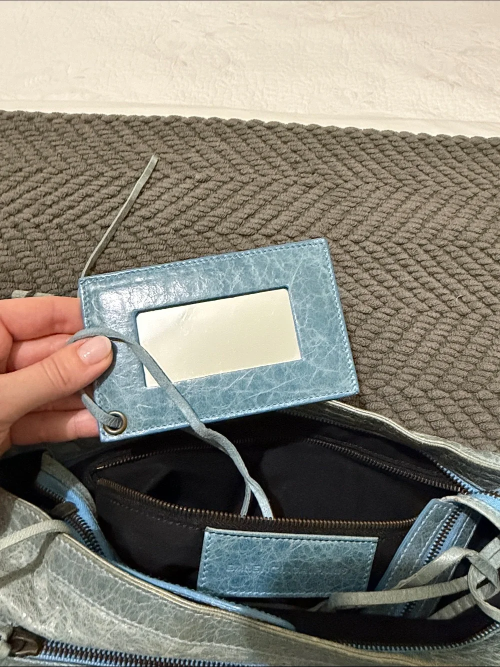 Balenciaga faded blue leather messenger bag